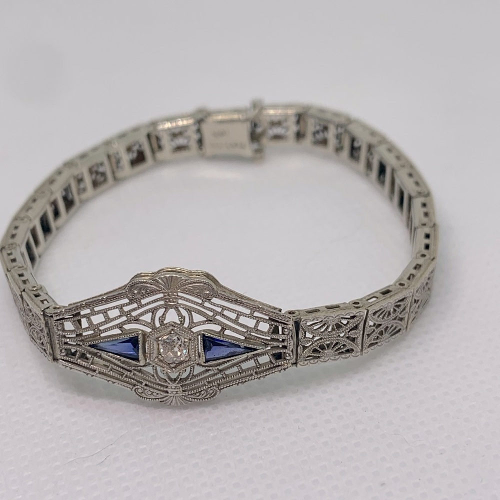 Platinum & 14k Gold Diamond sapphire Art & Deco Filigree Bracelet